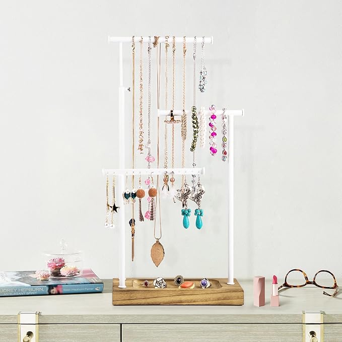 SRIWATANA Jewelry Organizer Display Extra Tall Necklace Holder 3 Tier Jewelry Tree Stand, Gift Idea (Carbonized Black & White)