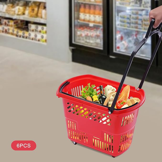 35L 6PCS Shopping Carts with Wheels and Handle, Plastic Rolling Basket, Portable Shopping Baskets Set for Supermarkets and Retail Stores