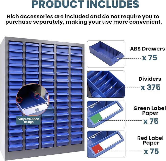 Part Cabinet with 75 Drawers, Shelves & Label Stickers - Bolt and Nut Organizer Bolt Bin Cabinets, Stainless Steel Tool Storage Cabinet for Hardware Organization Small Items and Parts (75 Drawers)