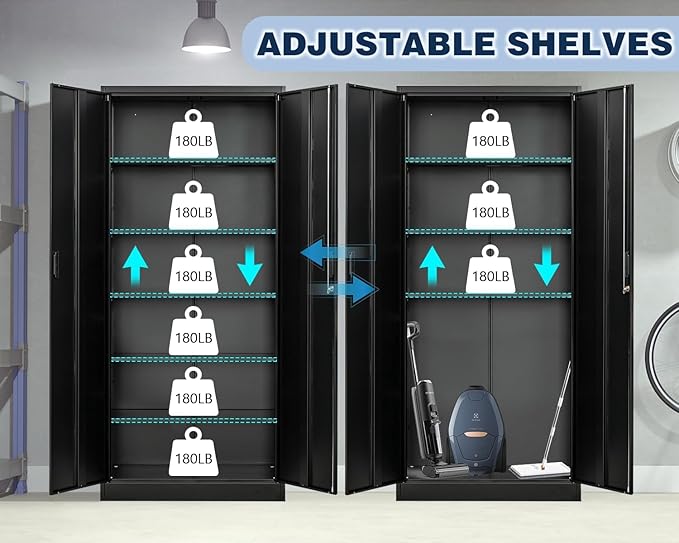BESFUR Metal Storage Cabinet with 5 Adjustable Shelves and 2 Lockable Doors, 71" Black Garage Storage Cabinet, Locking Cabinet with for Office, School, Garage