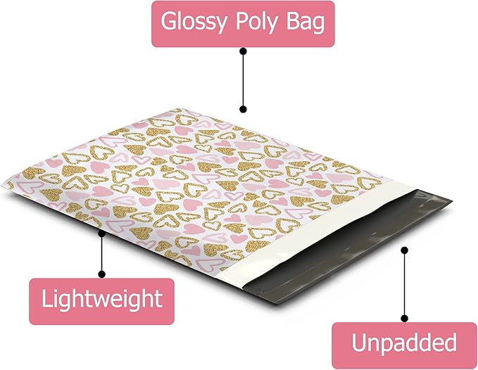 12x15 (50) Pink and Gold Hearts Valentine's Day Designer Poly Mailers Waterproof Self Sealing Tear Resistant Polymailers Large Shipping Envelopes Premium Printed Bags For Small Businesses