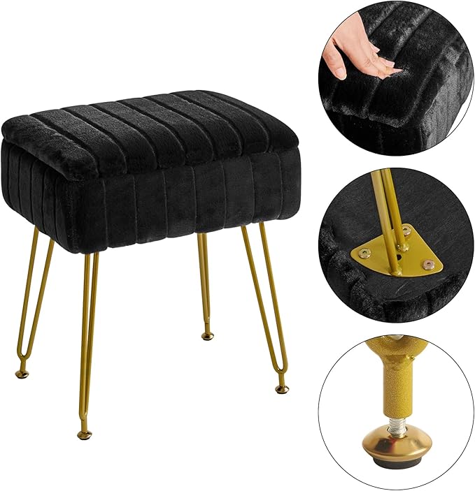 IBUYKE Stool Chair with Storage Space, Footrest Footstool Ottoman, Small Side Table, with 4 Metal Legs, with Anti-Slip Feet, for Makeup Room, Bedroom, Black, Faux Fur LG-50B