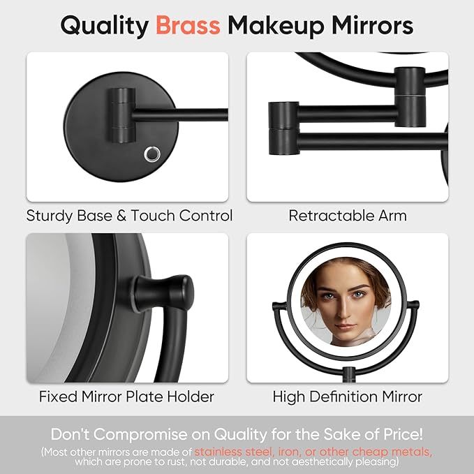 GURUN Wall Mounted Hardwired Makeup Mirror with 3 Tones LED Lights 10x Magnifying Mirror for Bathroom Bedroom 13" Extendable Arm Direct Wire Black Finish M1809DB(10x,Black)