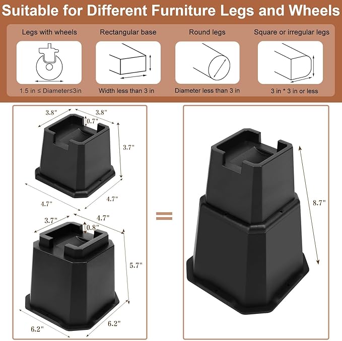 shouwuhho Bed Risers 8 inch, Furniture Risers Elevation in Heights 8 Inch Heavy Duty, Bed Lift Risers for Caster Wheels or Posts of Bed Table Couch, Support up to 6000 lbs, Black, 6 Pack