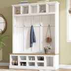 Merax Wood Farmhouse Hall Tree with Storage Entryway Bench, 3-in-1 Coat Racks with 6 Hooks &Shelves for Entrance, Hallway, Mudroom,White