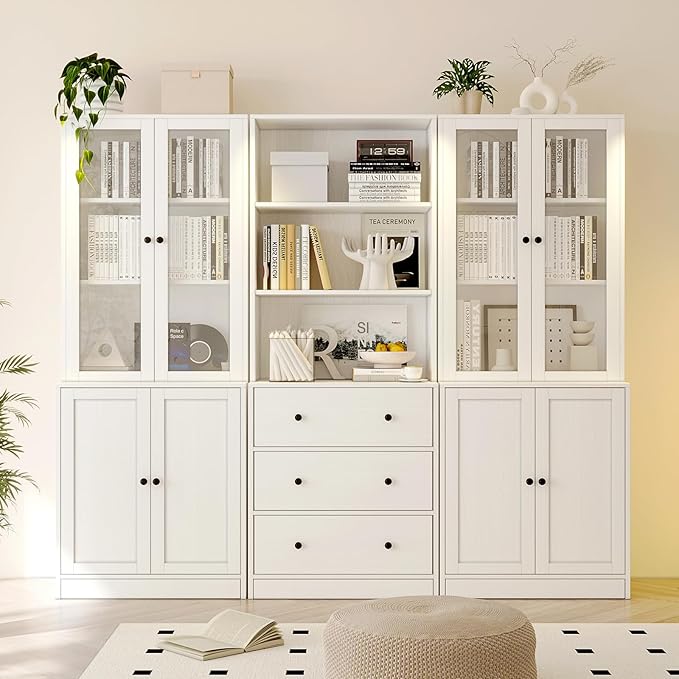 TUSY 71" H Bookshelf Bookcase with Doors, 3-Tier Modern Bookshelves with 3 Large Drawer, Display Bookcase with Glass Doors, Modern 5-Tier Curio Cabinet for Home Office, Dining Room (White, BAB)