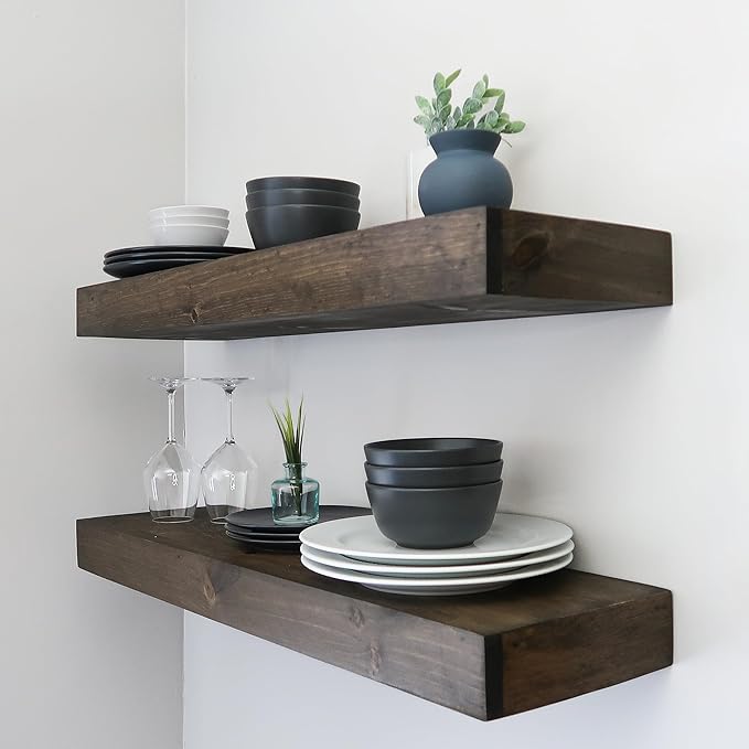 Urbandi Modern Floating Shelves 3 Inches Thick for Wall, Wide Shelves for Kitchen, Living Room, Bedroom, and Bathroom, Natural Pine Wood, Rustic Wooden Shelf, (Set of 2) (Jacobean, 60Lx3Hx6D)
