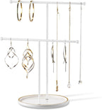 White Jewelry Holder Stand with Ceramic Tray: Small Hanging Necklace Organizer Tree for Earrings, Bracelets, Rings – Jewelry Display Hanger for Women & Girls, White
