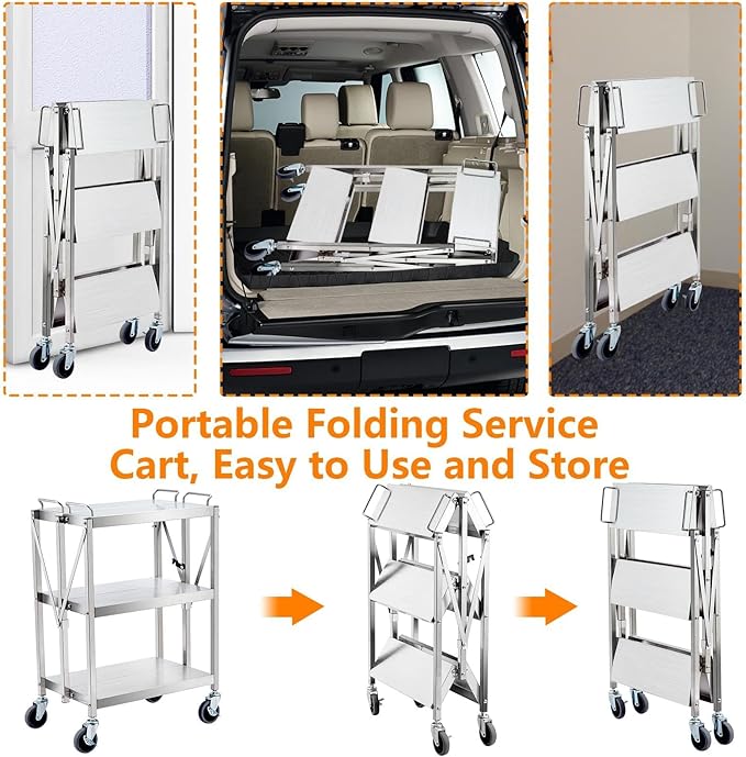 Upgraded Superior Foldable Stainless Steel Utility Cart, 300 LBS Heavy - Duty Load Limit, 3 - Tier Extra - Large Storage with Lockable 360° Rotating Wheels, Heavy - Duty Rolling Cart for Restaurant, G