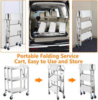 Upgraded Superior Foldable Stainless Steel Utility Cart, 300 LBS Heavy - Duty Load Limit, 3 - Tier Extra - Large Storage with Lockable 360° Rotating Wheels, Heavy - Duty Rolling Cart for Restaurant, G