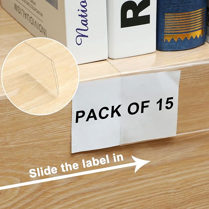 Containlol 15 Pieces Moveable Shelf Label Holders Clear Shelves Tags Moveable Library Markers Transparent Shelf Label Display Holder for Classroom Office Library Book Shelves(6.5 x 3.54 x 2.36 Inch)