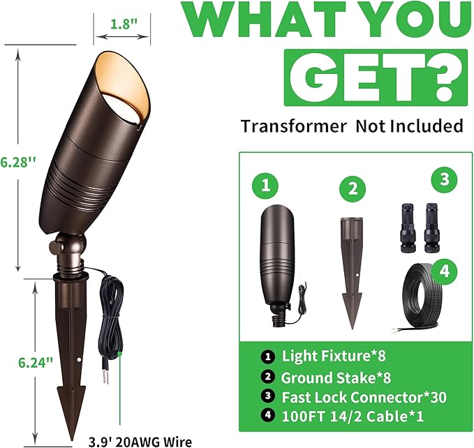 Outdoor Landscape Lighting Kit, 8 Pack Spotlights and 100FT Cable and 30 Wire Connectors, 3CCT Aluminum ORB LED Spotlight, Perfect for Porch Backyard Fence, Without Transformer