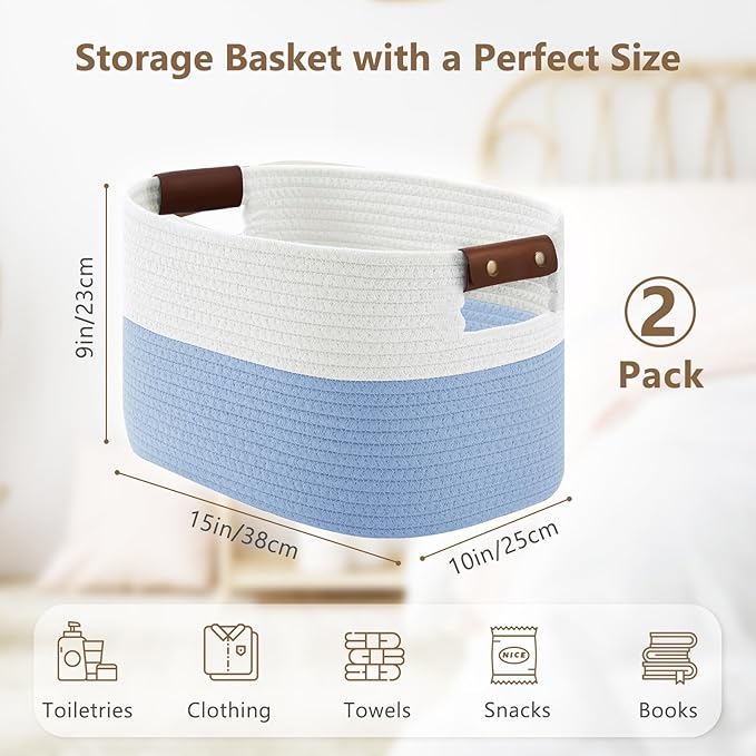 Cotton Rope Basket, Storage Baskets with Handle, 15x10x9 Inch Woven Basket for Shelves, Laundry, Towels, Clothes, Books (White/Blue 2Pack)