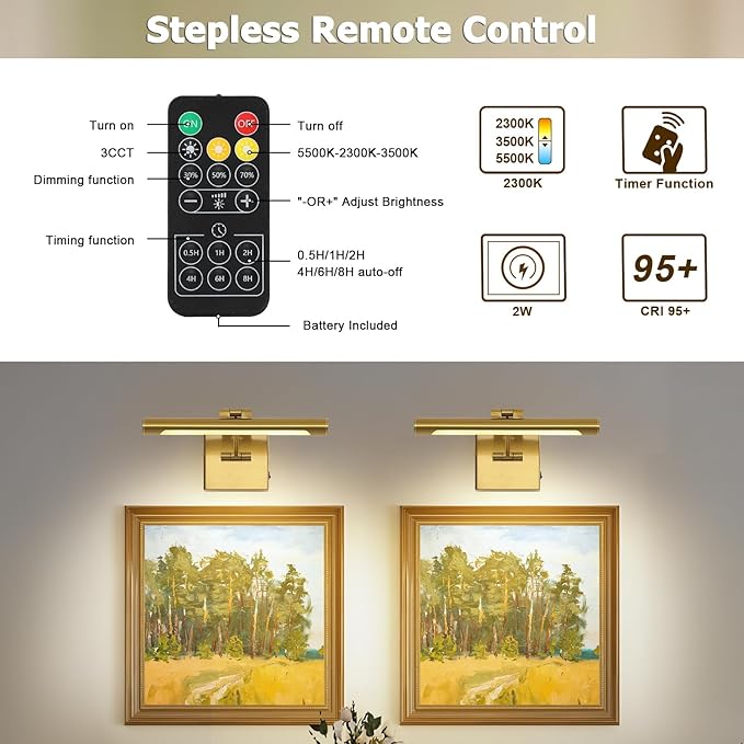 Joosenhouse Battery Operated Picture Light Set of 2, 12.6 Inch Brass Rechargeable Wall Art Light with Remote Timer and Dimmer Display Light for Bedroom, Living Room, Artwork Display