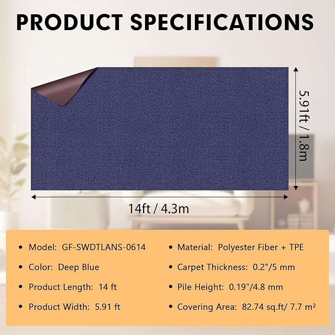 Marine Carpet,6 FT x 14 FT Deep Blue Indoor Outdoor Carpet 0.2" Thick Boat Carpet with Water-Proof TPE Backing, Non-Slide Outdoor Marine Carpet Roll for Home, Patio, Porch, Deck