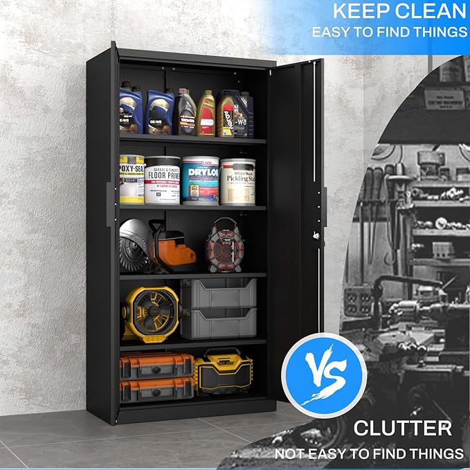 Metal Garage Storage Cabinet with Lock, 71" Tall Steel Storage Locker with 4 Adjustable Shelves, Heavy Duty Metal Cabinet for Garage, Office, Home, 31.5”W × 16.5”D, Black