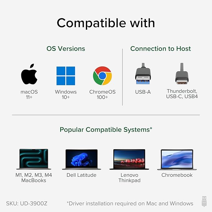 Plugable USB 3.0 and USB-C Universal Laptop Docking Station with 2 HDMI Ports for Windows, Mac (Driver Required), and ChromeOS, Gigabit Ethernet, Audio