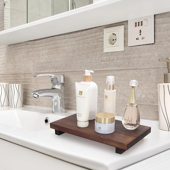 Farmhouse Bathroom Vanity Tray Wood Pedestal Stand Kitchen Countertop Trays Decorative Wooden Risers Dish Soap Dispenser Holder for Kitchen Counter Decor Modern Bathroom Sink Organizer Accessories