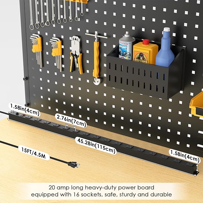 JUNNUJ Long Metal 16 Outlet Power Strip, Heavy Duty Power Strips Surge Protection 4800J with Circuit Breaker, 20a Wide Spaced Socket Wall Mount 5-15P Adapter High Amp 6-20R T-Slot 15FT Extension Cord
