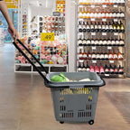 50 Liter Plastic Shopping Basket with Wheels, 4 Pack Large Rolling Baskets for Groceries, Gray