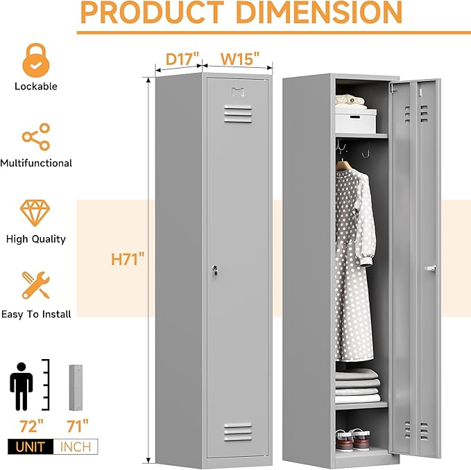 Bestoo Metal Locker,71" Storage Cabinet with 1 Lockable Door and Hooks, Tall Freestanding Wardrobe for Employees, Gym, School, Home and Office (Gray)