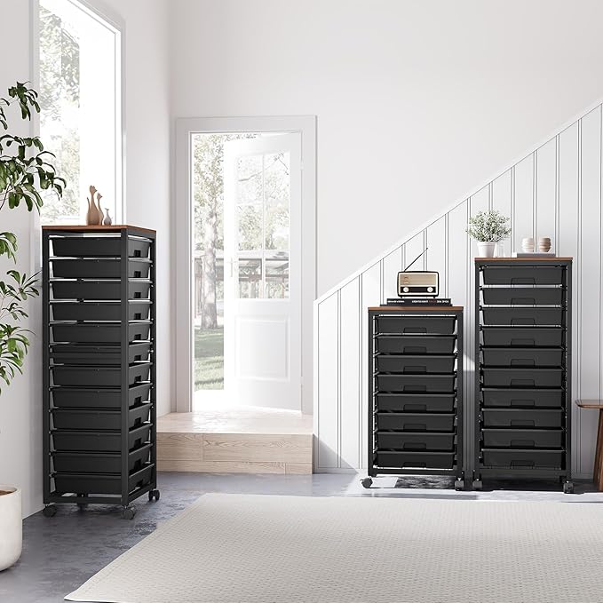 Rolling Cart with Drawers,10 Drawer Rolling Cart,Rolling storage cart with drawers,Black Rolling Drawer Cart,Teacher Rolling Cart for Classroom Storage,Craft Cart with Wooden Tabletop