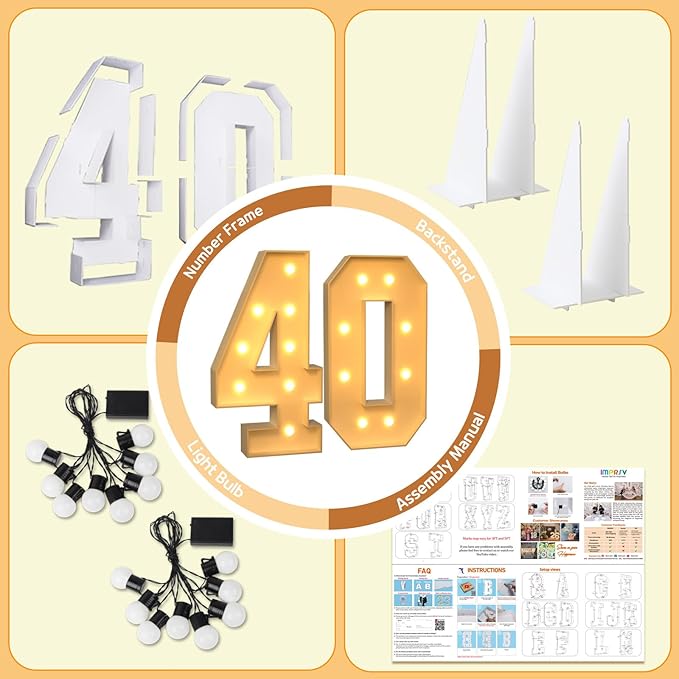 imprsv 3FT Marquee Numbers, Marquee Light Up Numbers 40th Birthday Decorations for Women Men, 40th Birthday Women Foam Board Anniversary Party Decorations Arch Kit (DIY)