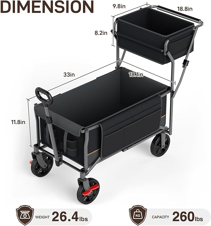 EVER ADVANCED Collapsible Push & Pull Shopping Cart with Wheels & Brakes, Foldable Wagon for Groceries with Practical Basket, Side Pockets & Cup Holders, Beach Utility Rolling Cart for Camping, Black