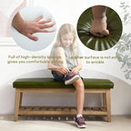 HUIMO Entryway Shoe Bench with Cushion, End of Bed Bench,Upholstered Bench for Kitchen, Bench with Solid Wood Shelf, Leather Ottoman Bench for Hallway, Living Room (PU-Green)