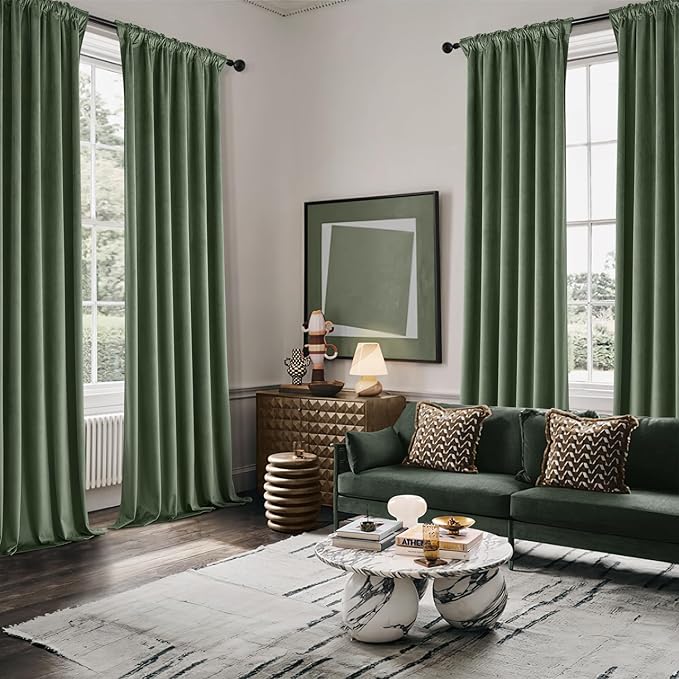 MIULEE Velvet Curtains 108 Inch Length 2 Panels Set for Bedroom, Pinch Pleat Back Tab Luxury Thermal Insulated Living Room Darkening Pleated Blackout Extra Long Window Curtains with Hooks Olive Green
