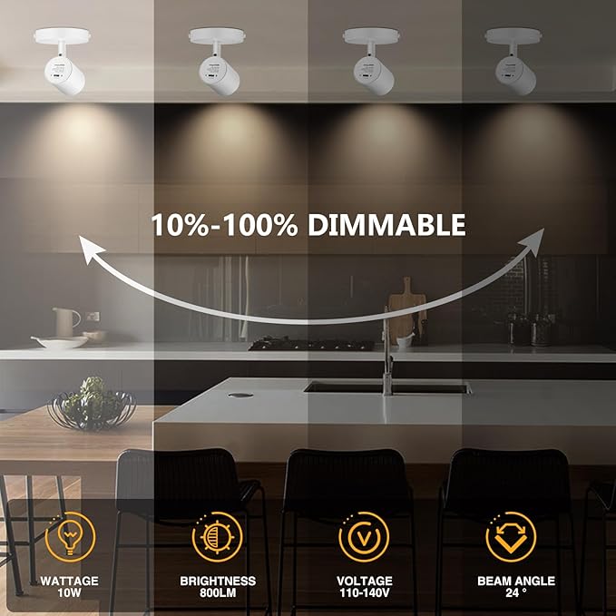 VANoopee 5-Color Dimmable Ceiling Spotlight Flush Mount Adjustable Directional LED Spot Lights Indoor Bright Accent Fixture for Art Picture Living Room Bedroom - CRI90 24° Flicker Free 10W 800lm White