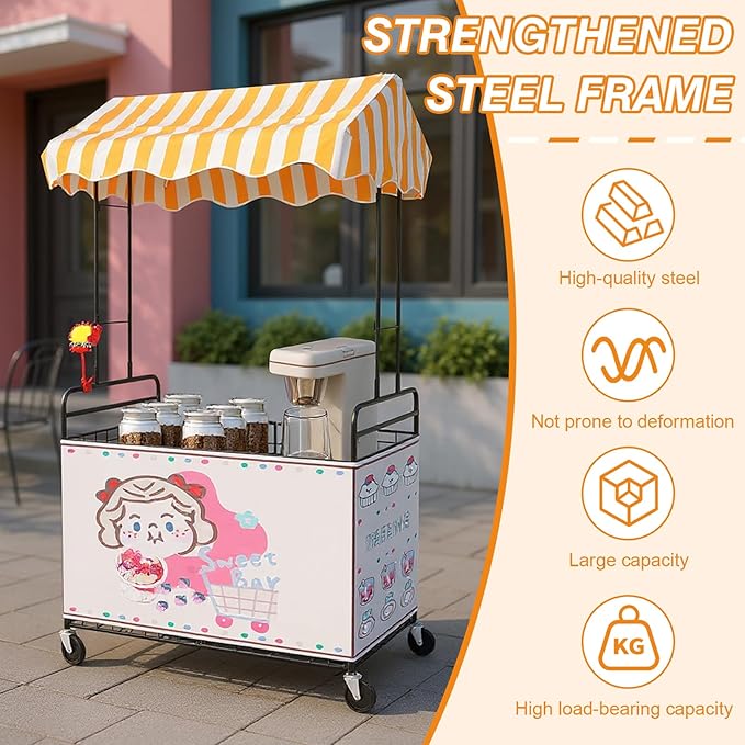 Business Mobile Catering Cart Foldable Outdoor Portable Market Street Food Vendor Stalls with Yellow White Canopy Stall Trolley for Outdoor Vending Sale Display