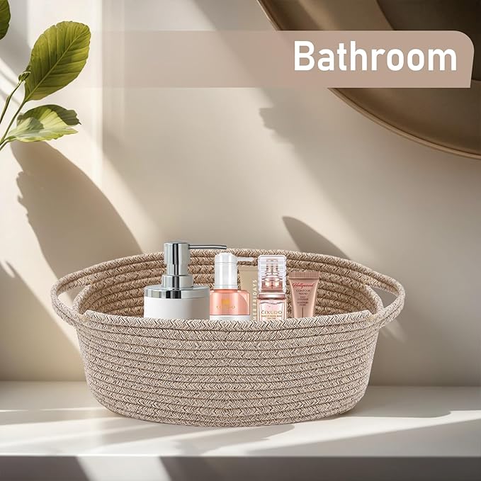Woven Basket,Small Rope Storage Bin with Handles & Ribbon Bag, Organizer for Shelves Closets,Gift Basket Empty for Birthday,Books,Dog Toys,Oatmeal/3 Pack