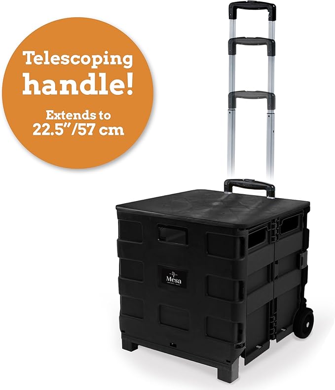 Inspired Living Collapsible Ultra-Slim Pack-N-Roll,2 Wheel Utility Cart w/Lid used as Seat up to 250 Lbs, Telescopic Handle - Super Strong, for Home, Garden, Shopping, Office, School use, Large, Black