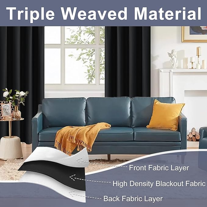 JIUZHEN Blackout Curtains for Bedroom - Thermal Insulated Room Darkening Noise Reducing, 52 x 54 Inch Length Curtains for Living Room, Set of 2 Panels with Tiebacks, Black
