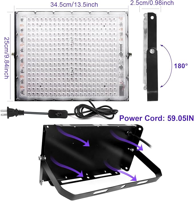 2 Pack 300W Black Lights, Blacklight Flood Light with Plug and Switch,for Glow Party, Black Light Party, Halloween, Body Paint, Neon Glow, Fluorescent Poster, Stage Lighting