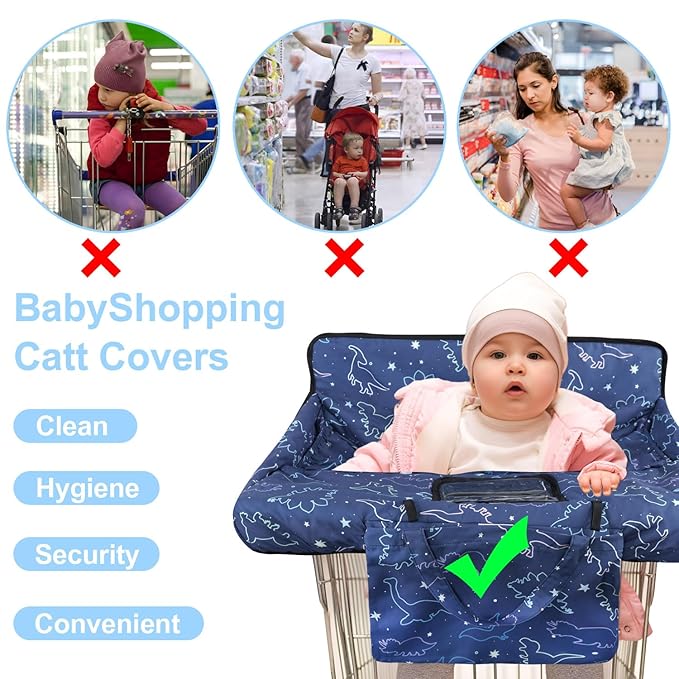 Shopping Cart Cover for Baby 2-in-1 High Chair Cover with Safety Harness Multifunctional Dark Blue Dinosaur Pattern Cart Covers for Babies Soft Padded Grocery Cart Cover for Baby Boy Girl