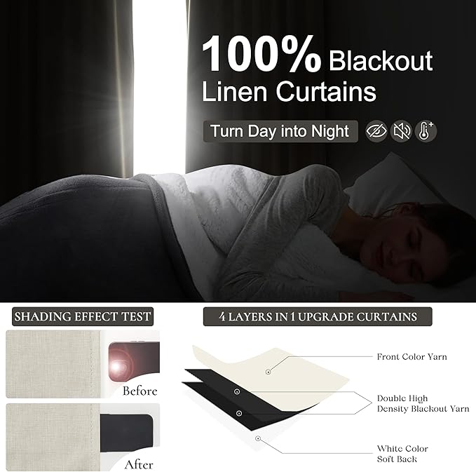 Warm Cream Thick Linen Black Out Curtains 92 Inch Long for Living Room 2 Panels Set, Farmhouse Pleated Room Darkening Window Drapes Insulated Privacy for Kids Bedroom 50"W x 92"L (Rod Pocket Back Tab)
