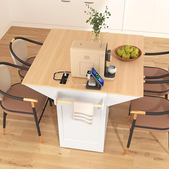 Kitchen Island with 2 Drop Leaf, Home Cart Island on Wheels Foldable Dining Table with Power Outlets,3 Drawers,Storage Cabinet, Tower Rack(White)