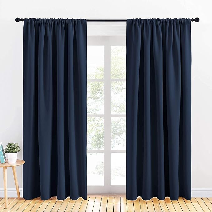 PONY DANCE Light Blocking Curtains - Blackout Window Curtain Rod Pocket Drapes Energy Saving Blackout for Living Room, 70 Wide x 84 Long, Navy Blue, 2 Panels
