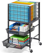 TOOLF 3-Tier Rolling File Cart, Metal Storage Drawer Cart with 2 Sliding File Trays, Adjustable Rod for Hanging Various File Sizes, File Organizer Cabinet on Wheels, for Office, Home, Classroom, Black