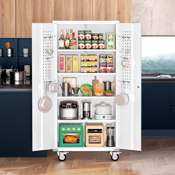 INTERGREAT Metal Storage Cabinet with Wheels, 72" Locking Storage Cabinets with Door and 4 Shelves, Tool Storage Locker on Casters for Home Office, White