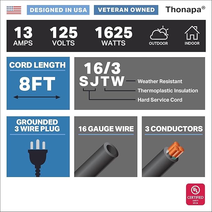 13 Amp Outdoor Extension Cord 8 ft, 2 Pack, 16/3 SJTW 8 Foot Black Extension Cord 3 Prong Multi Pack, Weatherproof ExteriorPower Cable for Outdoor Lights, Landscaping, Lawn, UL Certified