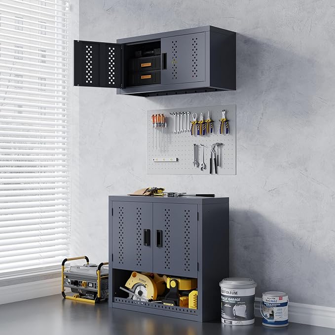 Small Wall Cabinet, Metal Garage Wall Mounted Storage Cabinets, Floating Garage Tool Cabinet with 2 Doors, Heavy-Duty Tool Organizer, Utility Wall Cabinet for Warehouse, Basement, Kitchen