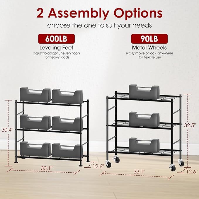 Storage Shelves Organizer - 3 Tier Metal Shelf Organizer with Metal Wheels and Adjustable Leveling Feet, Heavy Duty Garage Shelving for Kitchen, Pantry and Closet, 33.1"x12.6"x32.5", Black