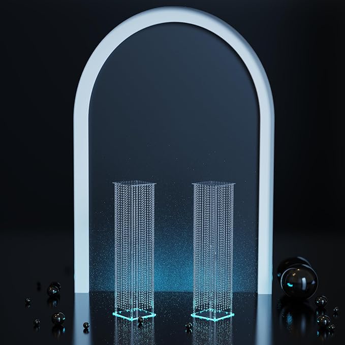2-Pack 48" Wedding Pillars Columns, Clear Acrylic Flower Pedestal Stands with LED Lights & Crystal Beads, Decorative Wedding Columns for Ceremony, Party & Event Venues