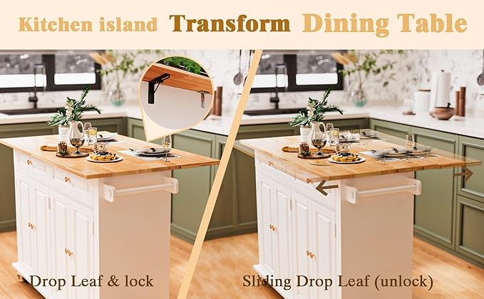 51.2'' Rolling Kitchen Island with Drop Leaf - Kitchen Carts on Wheels with Storage, Towel Rack, Drawers Island Table for Kitchen, Dining Room, White