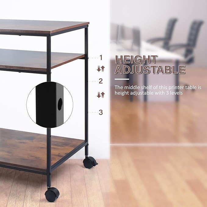 EMERIT 3-Tier Printer Stand for Laser/Inkjet/All-in-One - 23.6x18.9x31.5 Heavy Duty Cart w/Adjustable Shelves & Lockable Wheels, Storage for Scanner/Fax/Supplies - Industrial Home & Office
