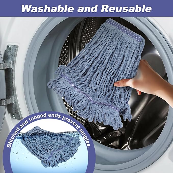 Commercial Heavy Duty Mop Heads Replacements: Wet Industrial Blue Cotton Looped End String Head Refill for General Floor Cleaning (6 Pack)
