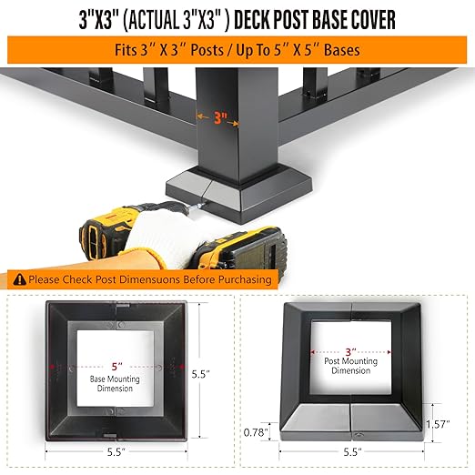 4pcs 3"x3" (Actual: 3"x3") Aluminum Deck Post Base Cover, for Railings, Stairs, Patios, Porches, Split Deck Post Skirt (Black)
